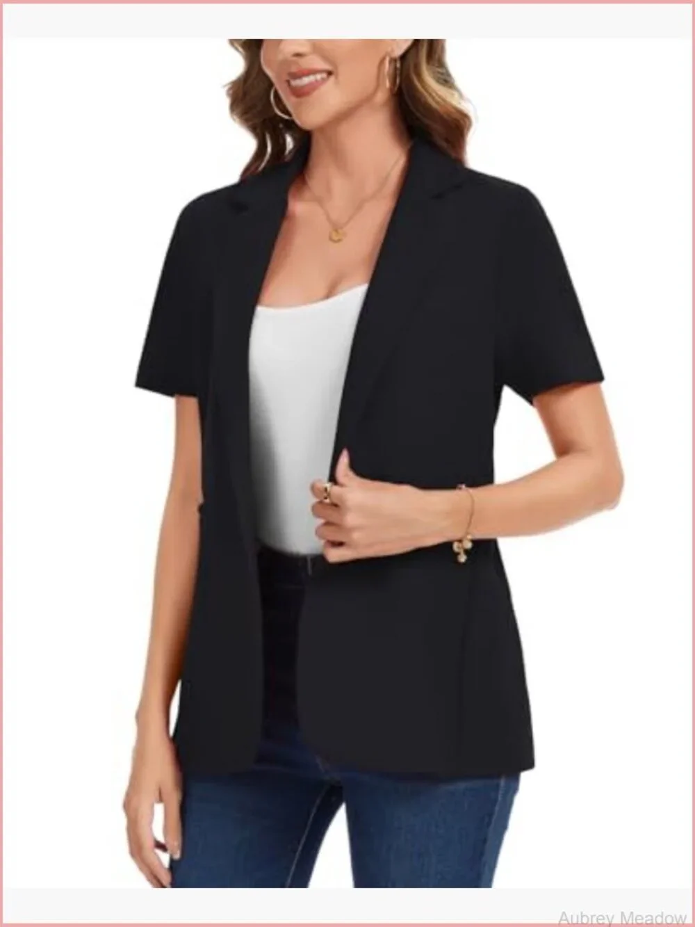 Short Sleeve Blazer Business Casual Notched Lapel Button Front Jacket Work